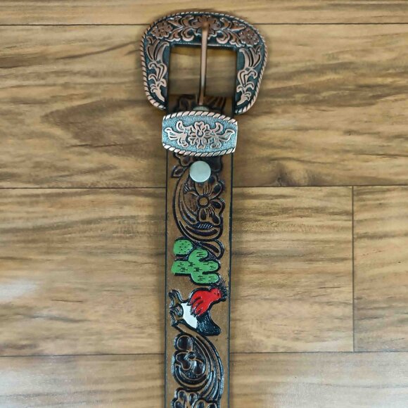 Premium Western Tooled Belt, Floral Rooster Belt for Unisex, Embossed Belt - Picture 5 of 12